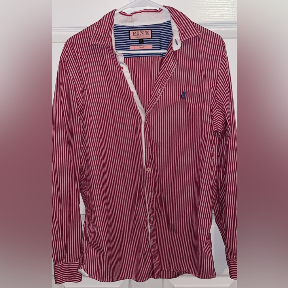 Thomas Pink Men's Red and White Striped Casual Shirt